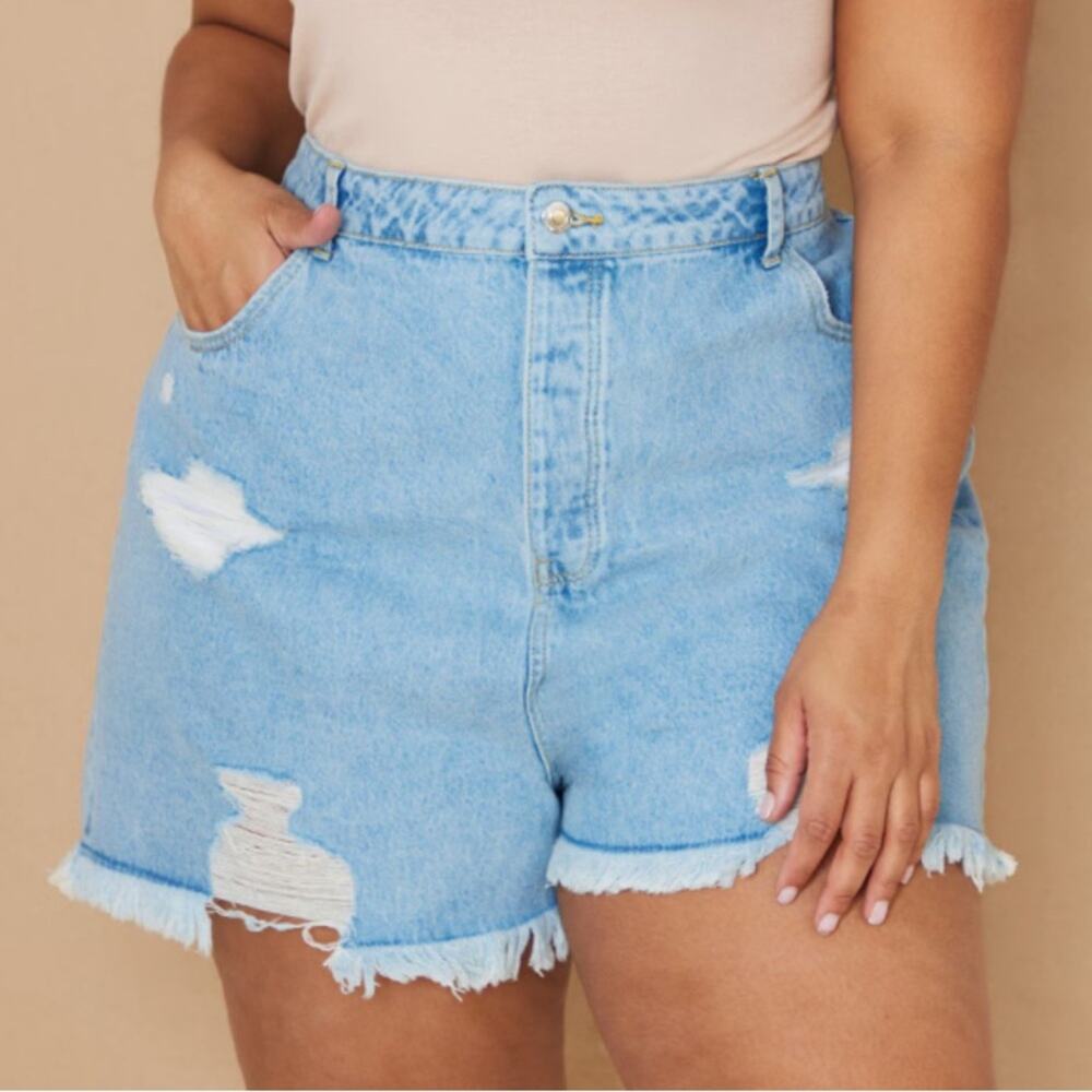 Woman’s PLUS LIGHT BLUE WASH HIGH WAISTED FRAYED DISTRESSED HEM JORTS
Size 24 - Picture 3 of 11